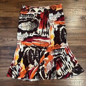 Vintage Y2K Abstract Midi Skirt Rust Linen‎ Blend Women 12 Boho Artsy Whimsical
